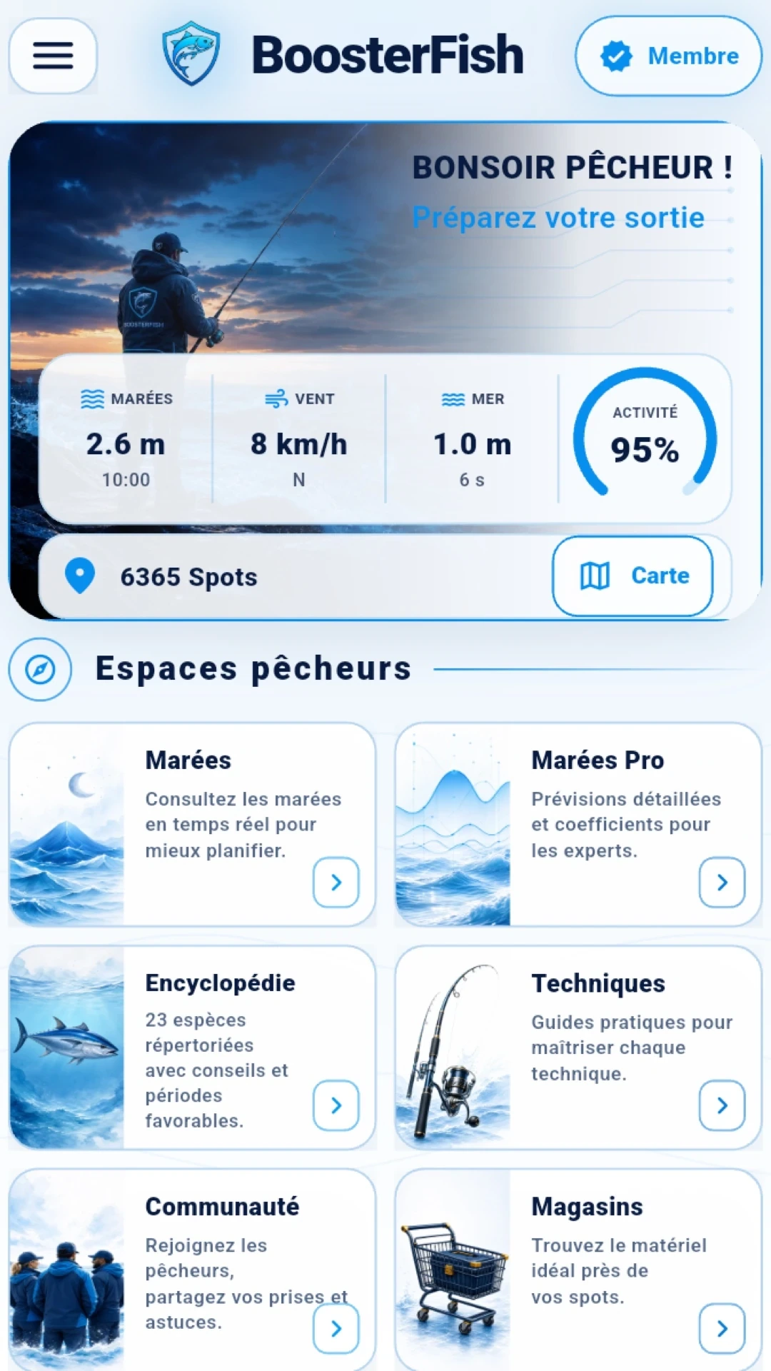 Accueil réel de BoosterFish en mode clair