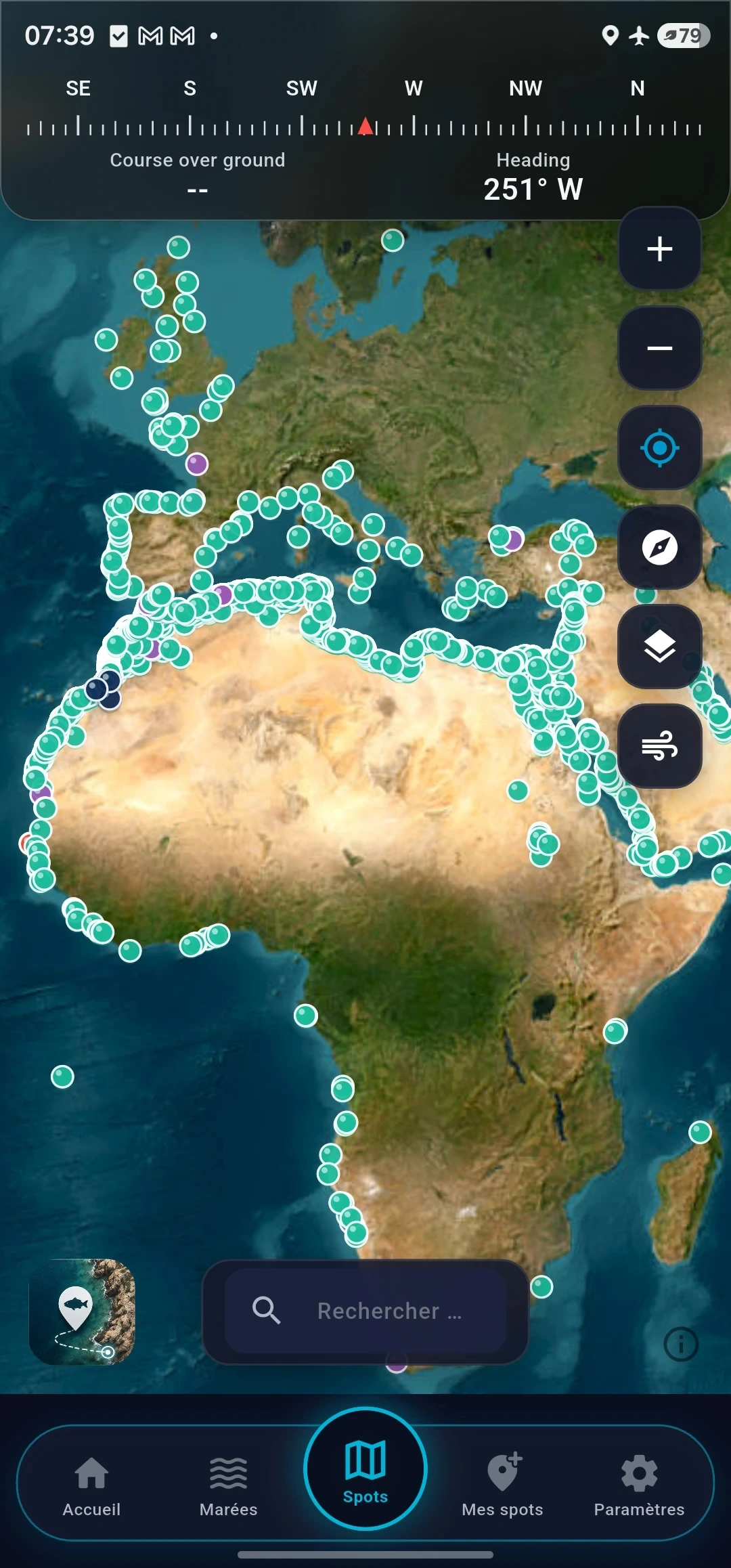 Carte réelle de BoosterFish avec de nombreux repères côtiers