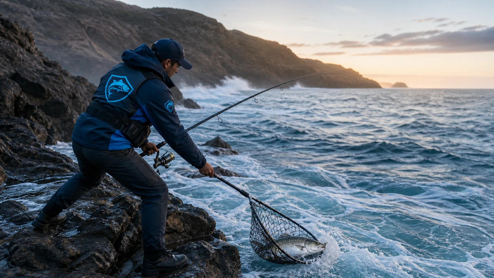 Pêcheur sportif en spinning sur une côte rocheuse, portant le logo BoosterFish