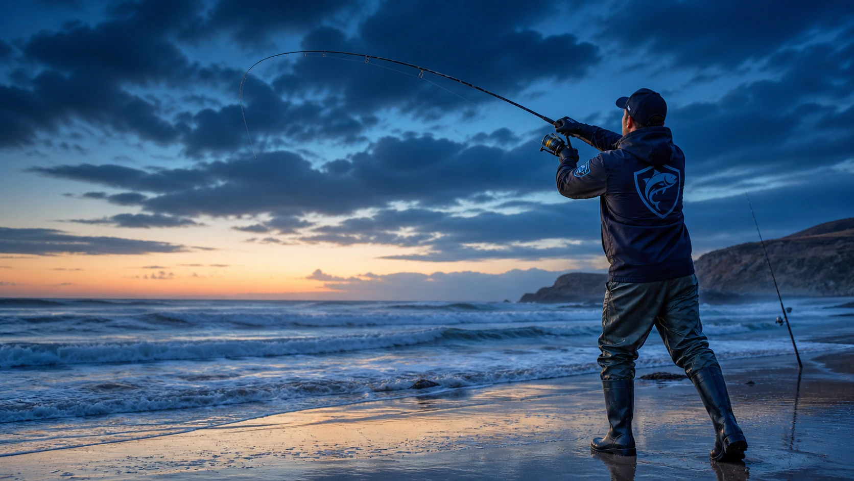 Pêcheur en surfcasting sur une plage atlantique, portant le logo BoosterFish